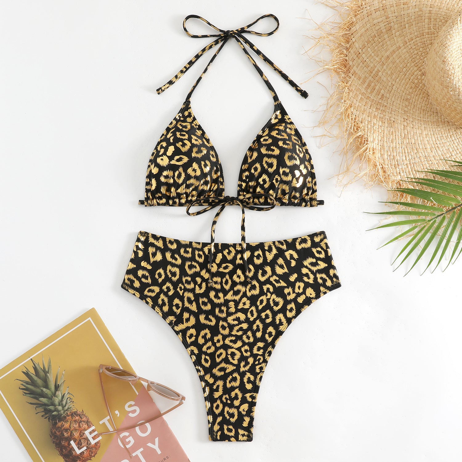 Wholesale Printed leopard triangle open back swimsuit